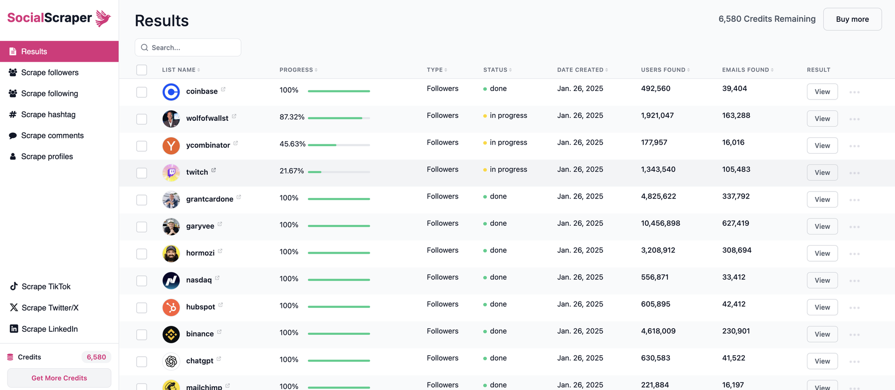 The SocialScraper results dashboard showing follower scrapes of large Instagram accounts, with users found and emails found for each