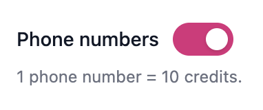 The Phone numbers toggle in the SocialScraper scrape form, switched on, with the note 1 phone number = 10 credits